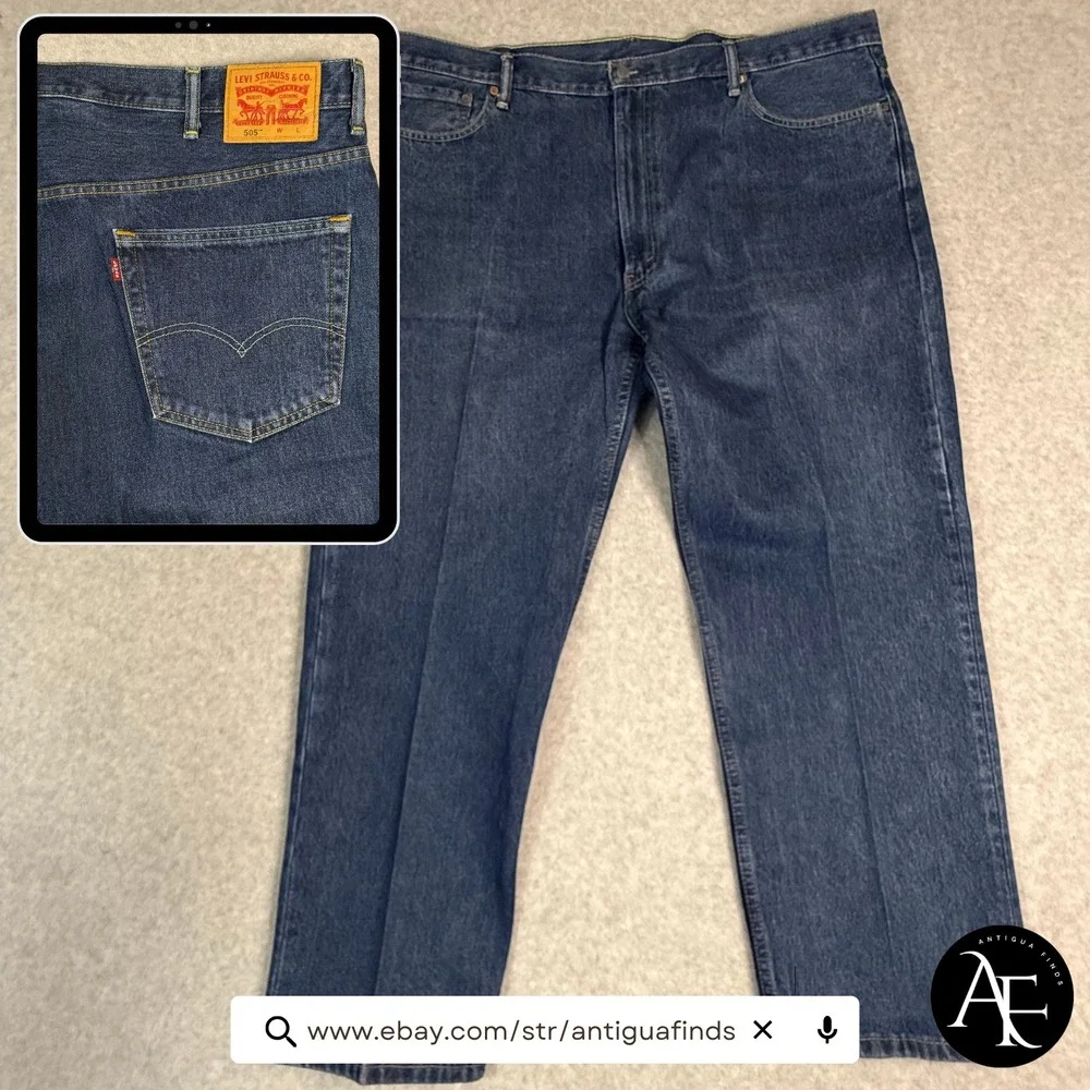 Levis 505 Regular Fit Jeans Mens Dark Wash Straight Leg Denim Blue 43x29